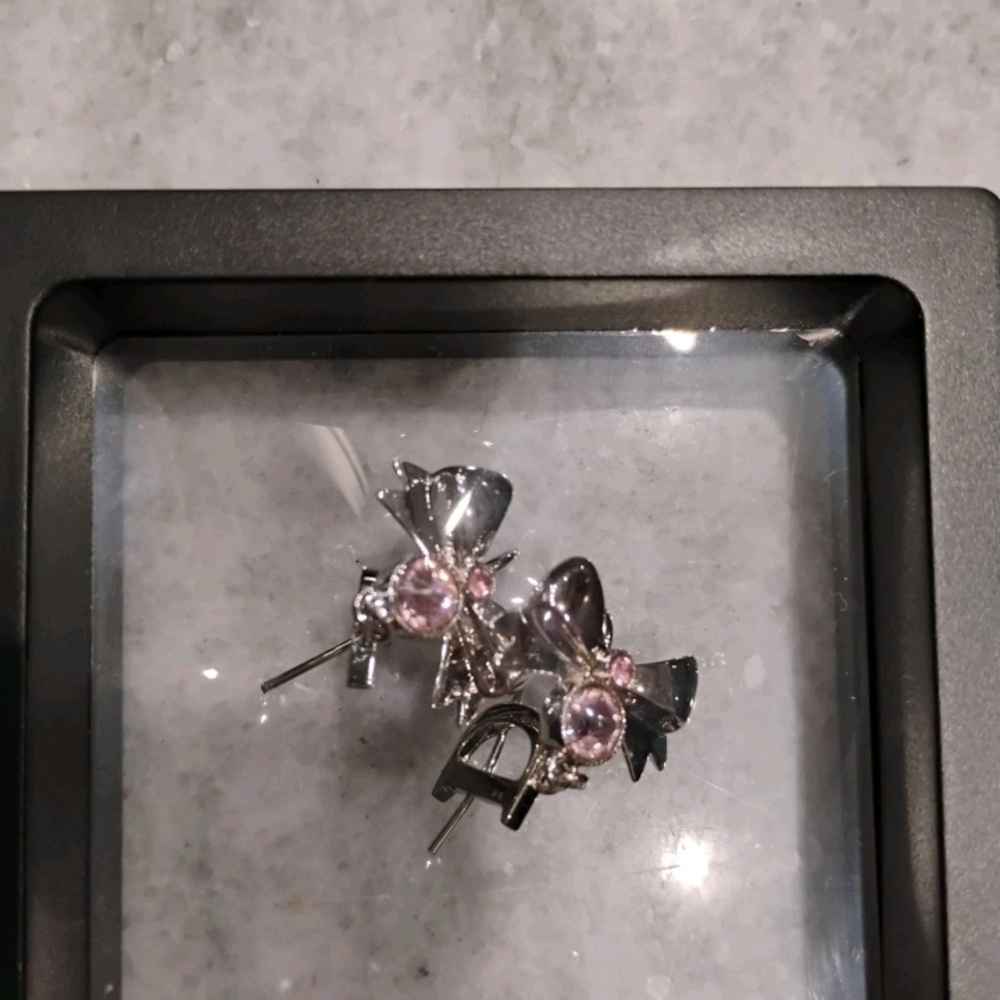 Christian Dior Silver and Pink Bow "D" Women's Fish Hook Earrings - Picture 5 of 5